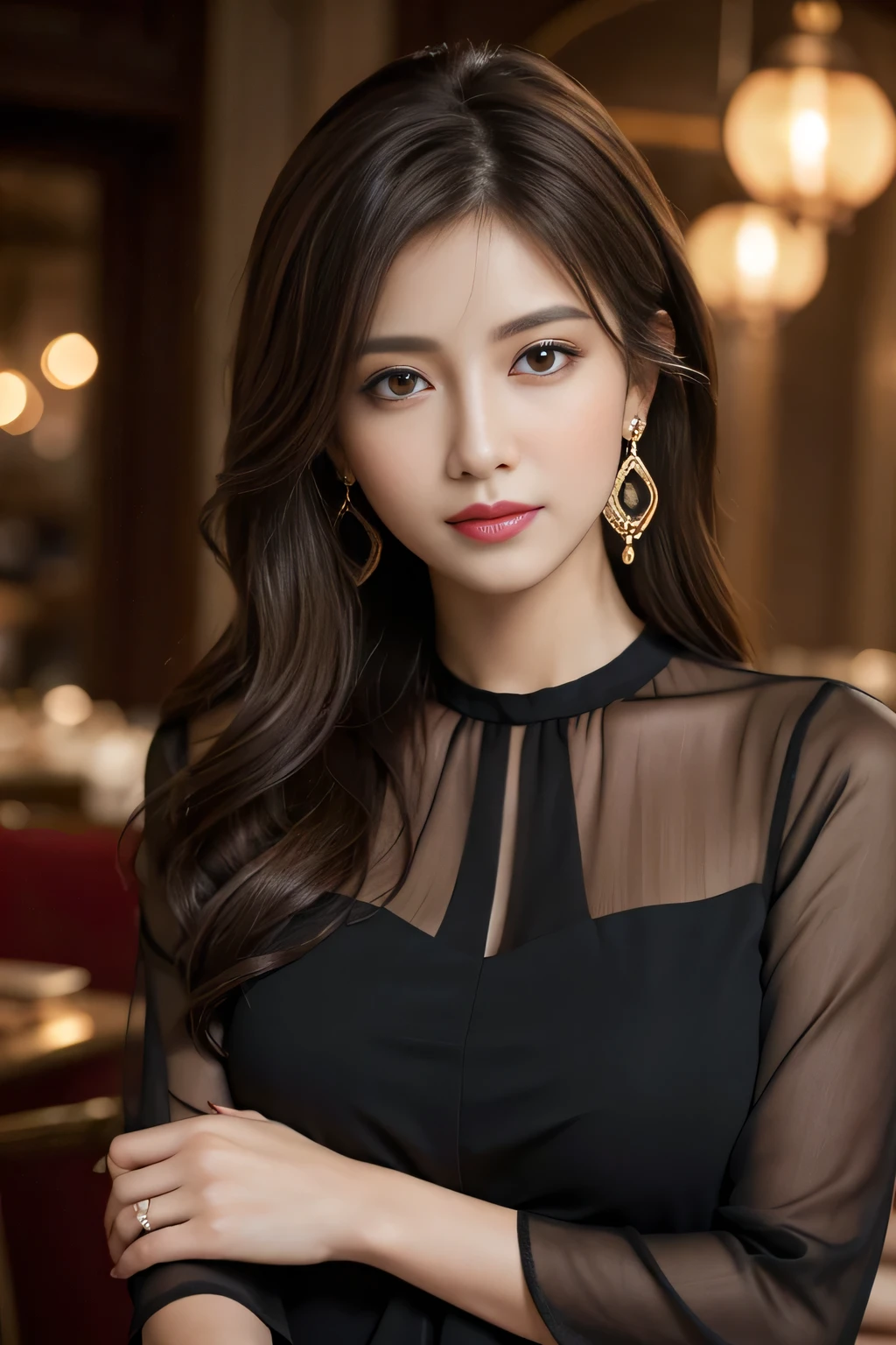 masterpiece, highest quality, Realistic, Very detailed, Finer details, High resolution, 8k wallpaper, One beautiful woman, Wear an elegant black see-through blouse, In a great restaurant, At night, Light brown messy hair, Perfect dynamic composition, Beautiful and beautiful eyes、Big earrings
