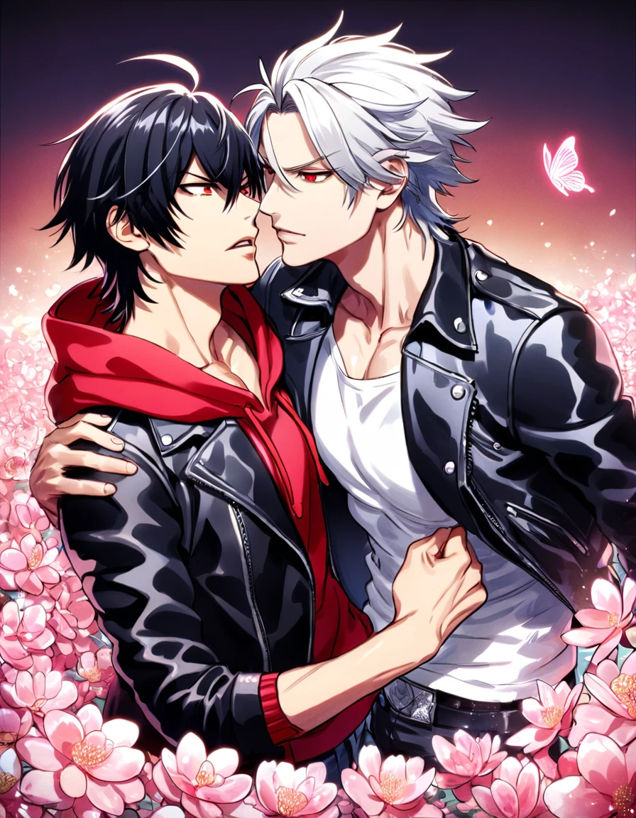 absurdres, highres, ultra detailed, HDR, master piece, best quality, Aohitsugi Samatoki, white hair, expressive red eyes, hypnosis mic, Yamada Ichiro, black hair, expressive red eyes, two sexy men together, gay couple, yaoi, handsome, toned chest, black leather jacket, white shirt, red hoodie, magical, fantasy, shining, water, pink flowers, pink blossoms, pink butterflies, pink petals