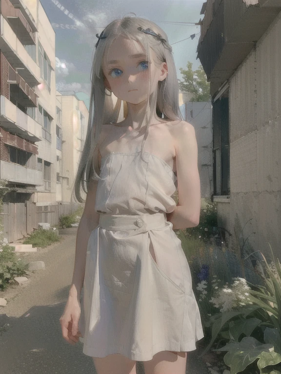 absurd, masterpiece, Best quality, realistic, super detailed, standing in the courtyard of an abandoned urban village, whole body, Slim(flat chest:1.3), narrow pelvis, I look at the viewer, 1 cute skinny chubby anime girl 14 years old, sad deep look of a man who has seen some bullshit, One, white linen strapless fitted dress, long hair, silver hair, Blue eyes, beautiful proportional clear face, dynamic lighting, a high resolution, sharp focus, Depth of field, Sharp image, high quality fabric textures,