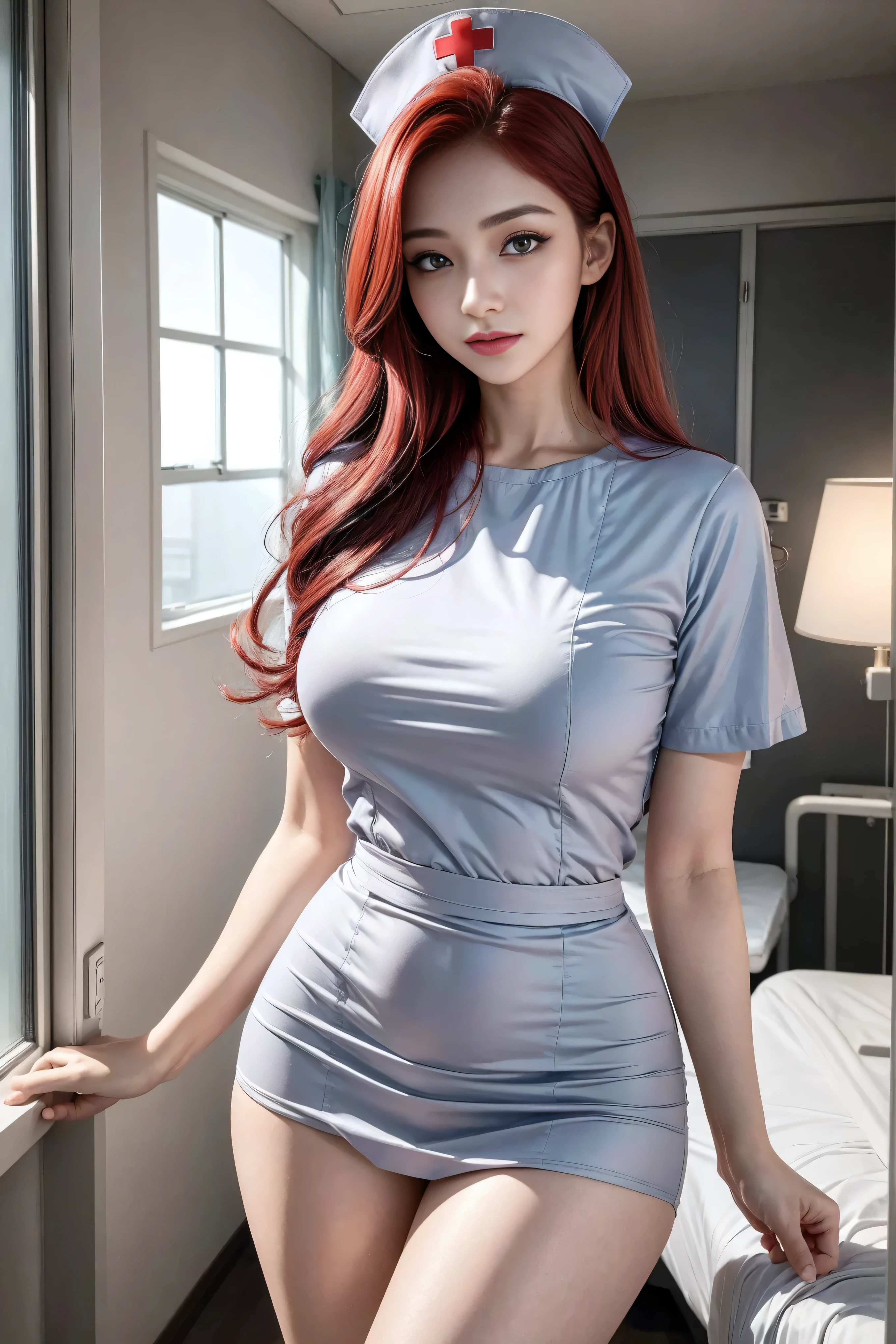 (2 Ultimate Beauty Nurse)、((Realistic lighting, best quality, 8K, masterpiece:1.3)), Lock focus:1.2, Beautiful Women in Perfect Shape:1.4, : Beautiful korean girl, Korean pop idol，Leg length，(Pale skin), (big eyes),（Smile：0.8），（plump sexy lips）， complex and detailed face, ((Super delicate skin))，Delicate face，Super thin face，Narrow your eyes，Double eyelids，((Crimson hair)),(Nurse:1.3)，（nurse hat：1.3）,background： (hospital ward:1.2),，Large depth of field，Super thin face，Narrow your eyes，Double eyelids，（Start from below：1.manner，（Medium bust：1.2），Sexy long legs， （Thigh gap：1.5），Wide hips，S-Shaped Body， Hip lift，Leg length，Full body proportions from the front，