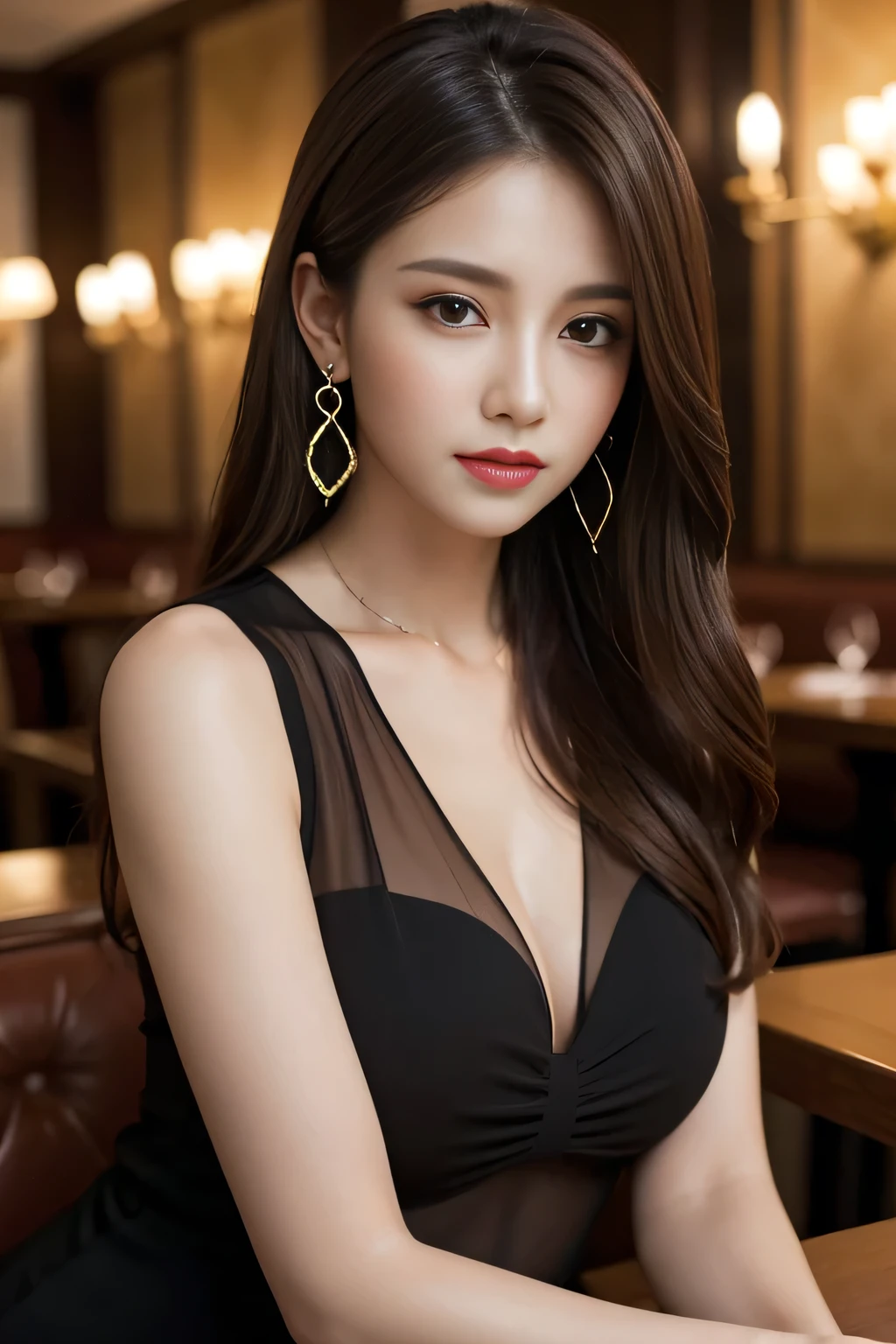 masterpiece, highest quality, Realistic, Very detailed, Finer details, High resolution, 8k wallpaper, One beautiful woman, Wear an elegant black see-through blouse, In a great restaurant, At night, Light brown messy hair, Perfect dynamic composition, Beautiful and beautiful eyes、Big earrings