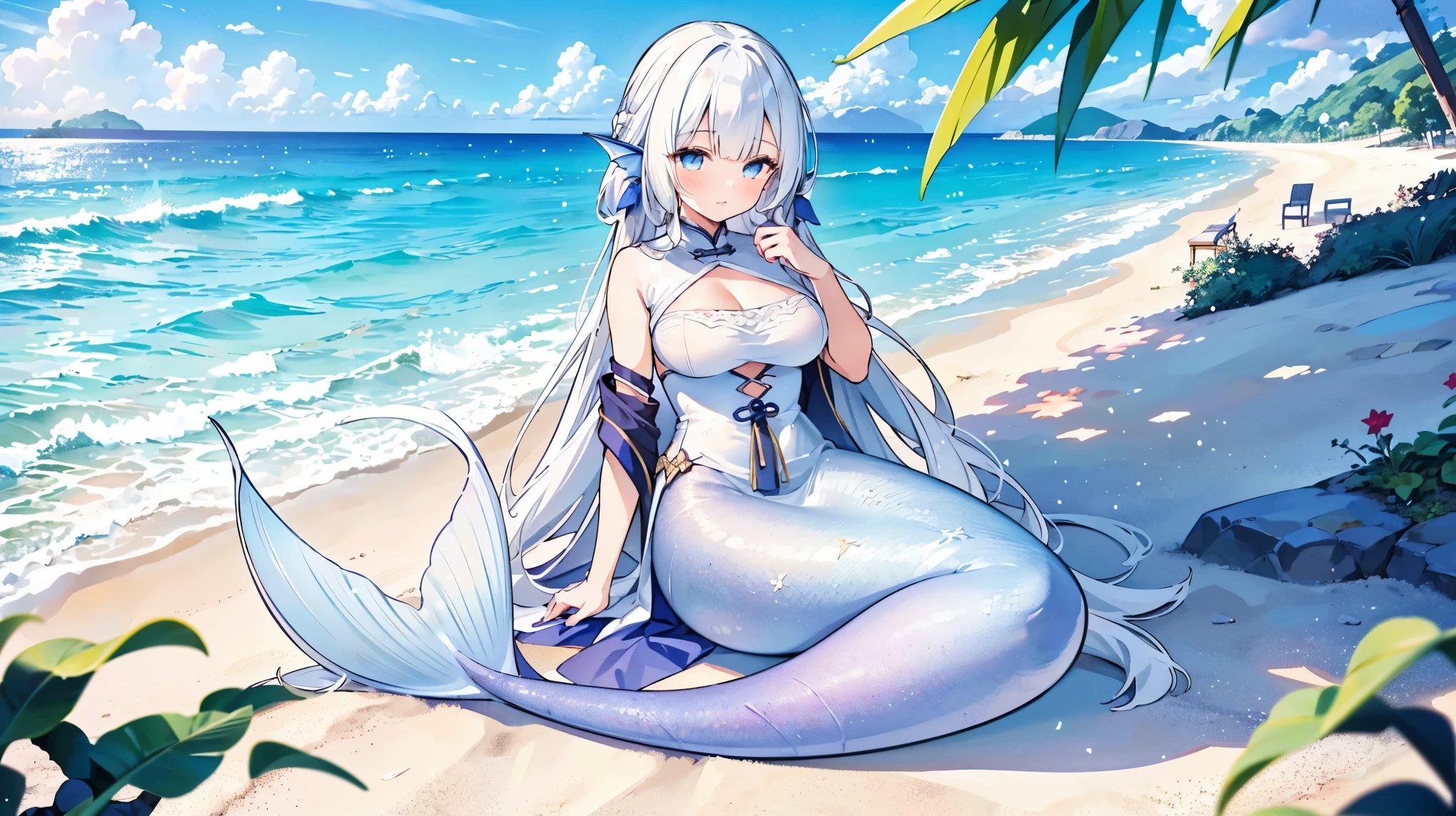 masterpiece, best quality,A girl,solo,illustrious (maiden lily's radiance) (azur lane),White hair,Very long hair,blue eyes,dress,China costume,Official Alternate Costumes,Large Breasts,Mermaid,White Mermaid Tail,full-body shot,Sitting on the beach,Sea view