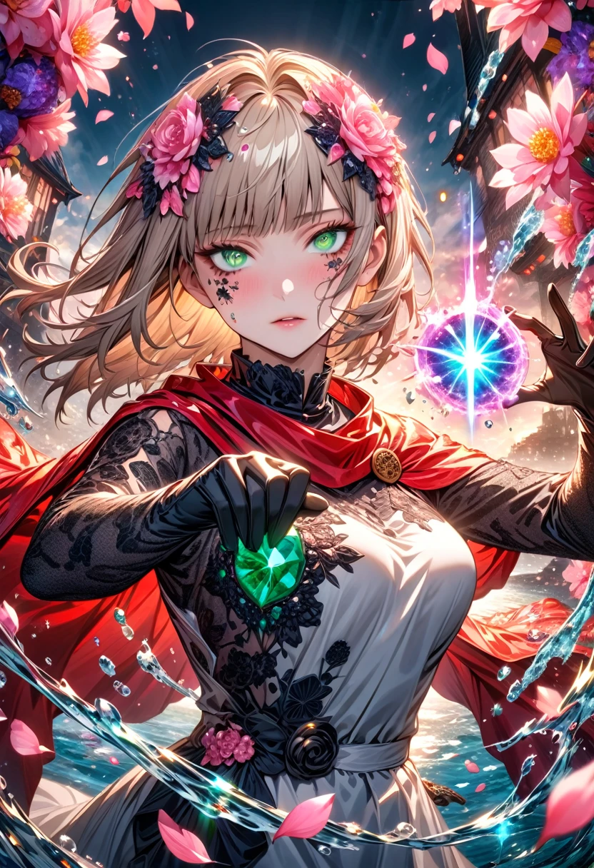 Ultra detailed, Highres, absurdres, HDR, master piece, Aida, ash blond hair with bangs, expressive green eyes, extremely beautiful, Jujutsu Kaisen, black ribbon on the side of her hair, woman, solo, extremely detailed eyes and face, white dress with black patterns, water, pink petals, glittering, black gloves, pink flowers, red cape, magic, fantasy,