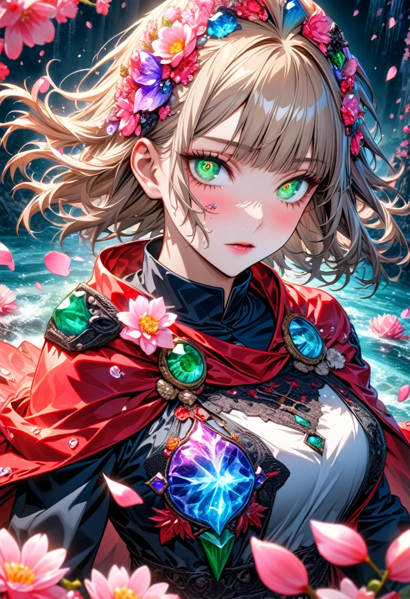 Ultra detailed, Highres, absurdres, HDR, master piece, Aida, ash blond hair with bangs, expressive green eyes, extremely beautiful, Jujutsu Kaisen, black ribbon on the side of her hair, woman, solo, extremely detailed eyes and face, white dress with black patterns, water, pink petals, glittering, black gloves, pink flowers, red cape, magic, fantasy,