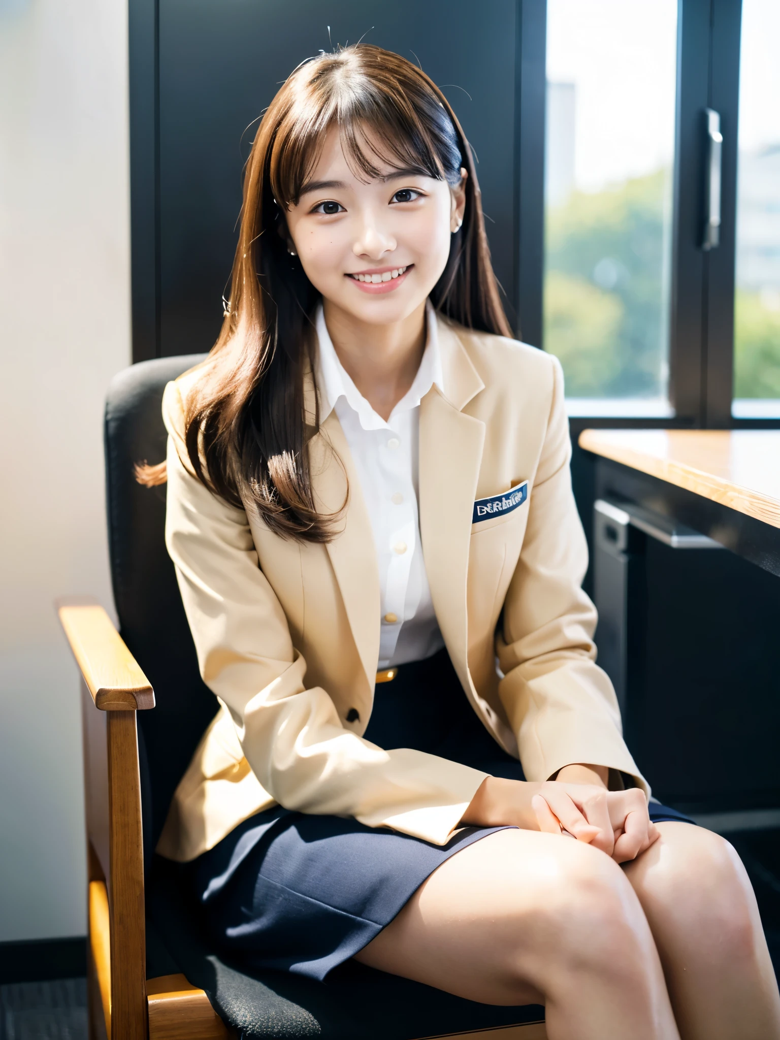 masterpiece、超High resolution、She is very cute and young like an idol...々Cute 18 year old business woman、Gentle and cute、A kind smile、A business jacket that makes your chest look beautiful、Medium Bust、Business Mini Skirt、Working in a building office Sitting in a chair (((Sitting in a chairのでパンティーが見えてしまう)))、((whole body))、RAW Photos、Genuine、High resolution、Live Action