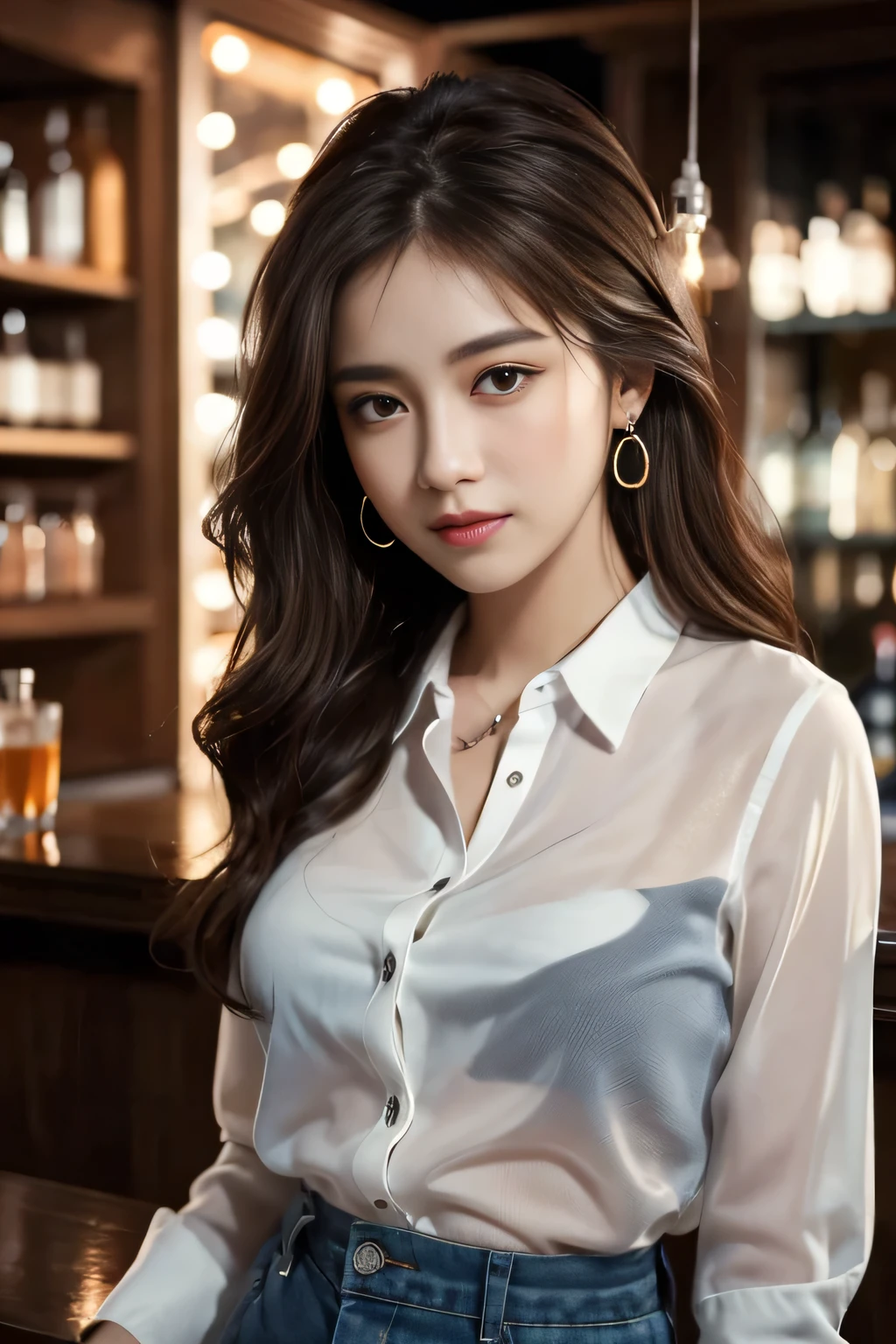 masterpiece, highest quality, Realistic, Very detailed, Finer details, High resolution, 8k wallpaper, One beautiful woman, Wear a navy blue see-through shirt, Great bar restaurant, At night, Light brown messy hair, Perfect dynamic composition, Beautiful and beautiful eyes、Big earrings