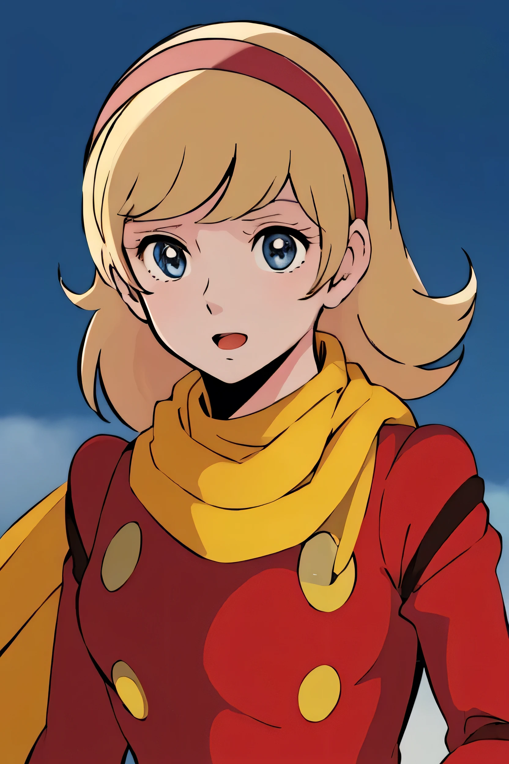 masterpiece, highest quality, Outdoor,One girl,Cyborg 003, blonde_hair,blue eyes,scarf,Get Ready, Detailed Background