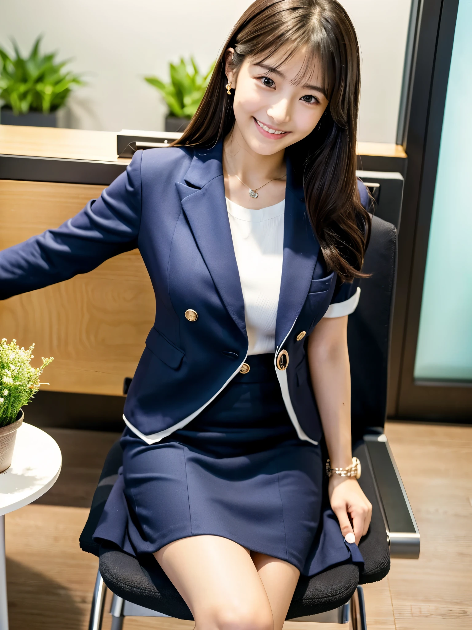masterpiece、超High resolution、She is very cute and young like an idol...々Cute 18 year old business woman、Gentle and cute、A kind smile、A business jacket that makes your chest look beautiful、Medium Bust、Business Mini Skirt、Working in a building office Sitting in a chair (((Sitting in a chairのでパンティーが見えてしまう)))、((whole body))、RAW Photos、Genuine、High resolution、Live Action