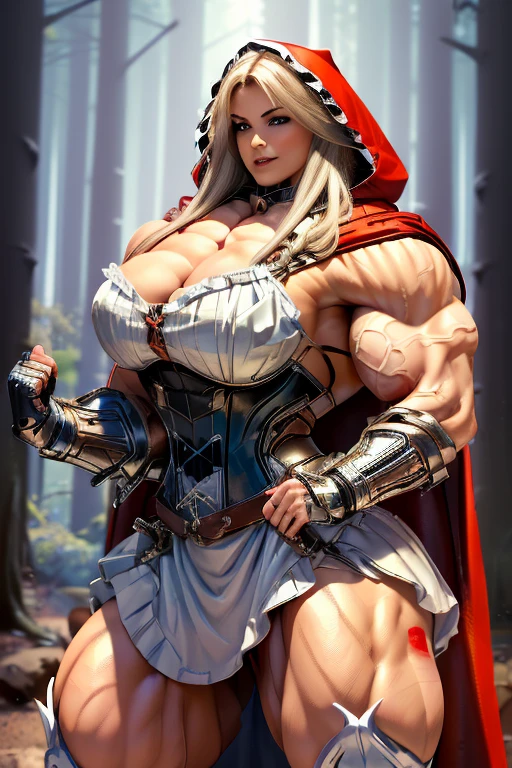 (((Massive, beautiful, light brown skinned, buff, muscular woman with white hair, black lipstick, ginormous bulky muscles and wearing a mechanized red riding hood cosplay with a beautiful long skirt))), {close view}, massive muscles, massive biceps, hyper muscle shoulders, vascular shoulders, hyper muscle triceps, (long straight hair), blue eyes, red hood cosplay, corset, long beautiful skirt, chain belt, choker, thigh high heels, (in a forest), fingerless gloves, closed smile, night, hyper vascular arm, hyper muscles arms, hyper muscle legs, massive arms.