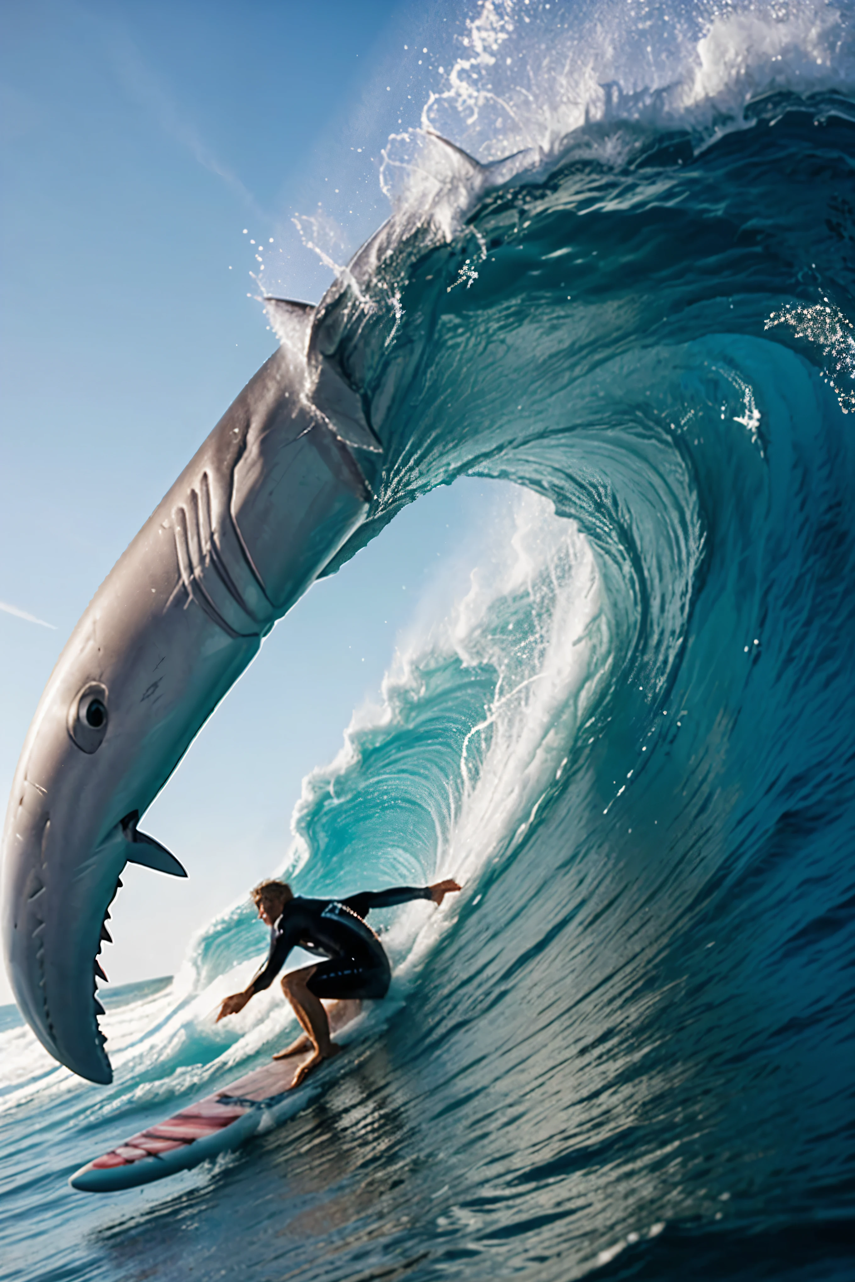 surfer being attacked by shark wave, 