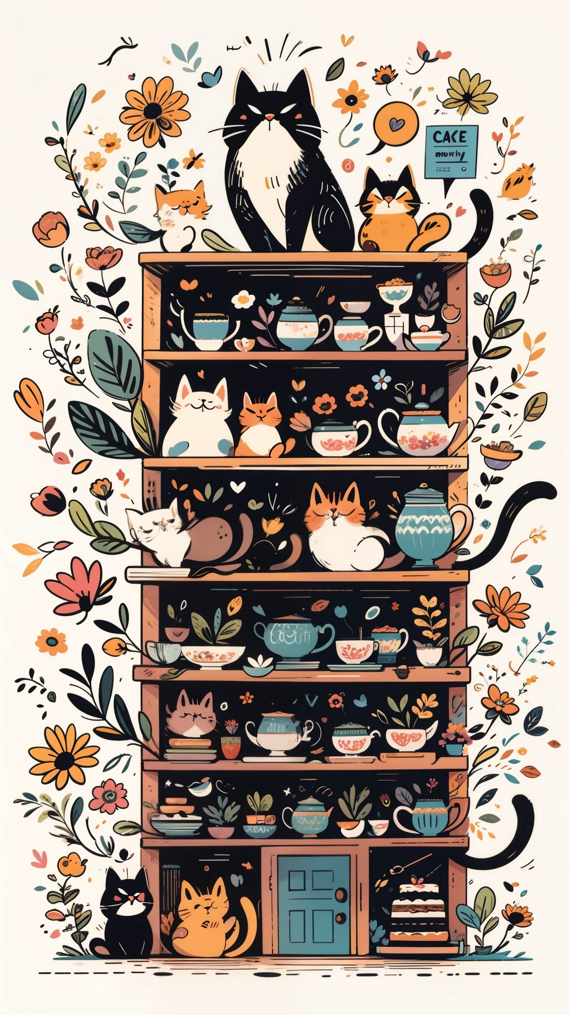 many coffees, many cakes, many flowers, many sugars, many coffee bottles, many kitties