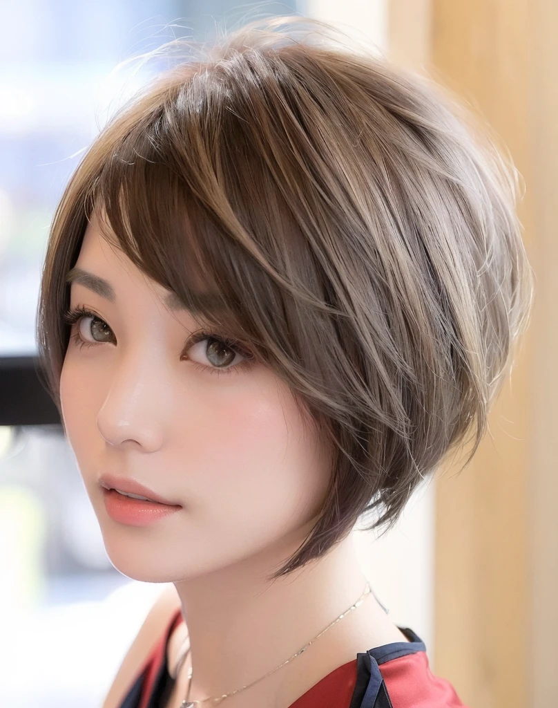 arafed asian woman with shortヘア and a necklace on her neck, with shortヘア, Beautiful Japanese girl face, shortボブヘア, shortヘア style, shortヘア cut, shortヘア, shortヘア with gel, shortヘアcut, Bobcut hair, Bob Haircut, with a Bobcut, Japanese facial features, Asymmetrical haircuts, short~Medium Hair, Bobcut
