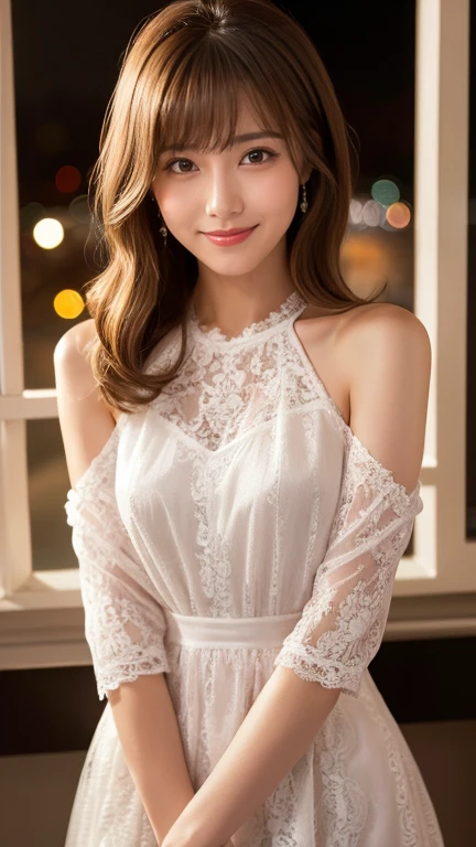 highest quality、8k wallpaper、Reality:1.4、Photographed by a professional photographer、Cinema Lighting、View your viewers、background:Night view spot、1 beautiful girl、Japanese Idol、60 years old、Beautifully detailed eyes、Detailed face、Beautiful Skin、Slender、Slim waist、Thin legs、Red lipstick、Light Hair:1.8、Blonde: 1.8、The light is shining on her hair、Fancy hairstyle:1.8、Asymmetrical bangs、lace fabric dresses 、smile:1.8、Seductive pose