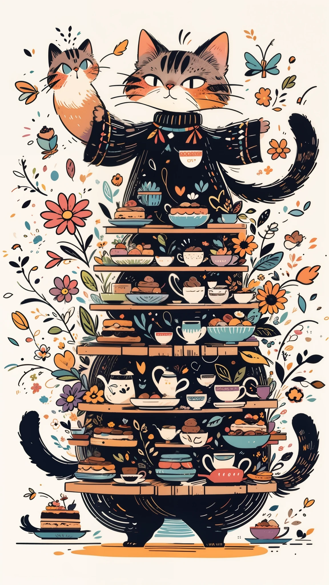 many coffees, many cakes, many flowers, many sugars, many coffee bottles, many kitties