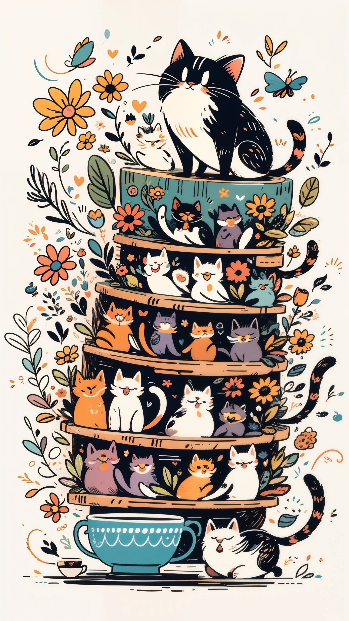 many coffees, many cakes, many flowers, many sugars, many coffee bottles, many kitties