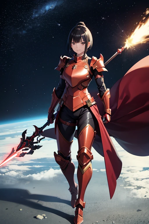 Anime drawings、Full body portrait、Space SF Armored Warrior、A female warrior of about 27 years old, about 160cm tall, wearing red armor, walking with a long spear in her right hand.、Smiling with mouth closed、Hairstyle: Short bob、Black Hair、Arm guard、Leggers