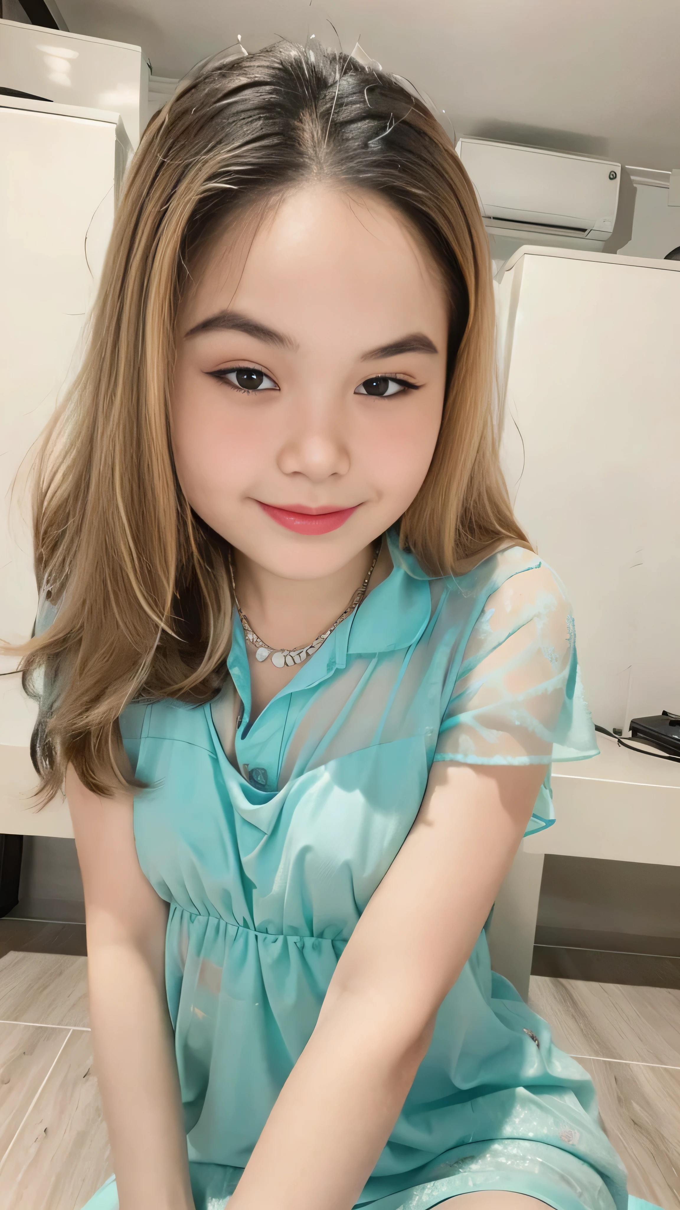 19 year old girl, (sheer Summer dress, see-through:1.2), hair scrunchie, (High color saturation:1.0),  (highlydetailed skin), (Best Quality:1.0), (超A high resolution:1.0) ,(photographrealistic:1.0), (ultra-detailliert:1.0), (8K, Raw photo:1.1), (Smile:0.7), sitting