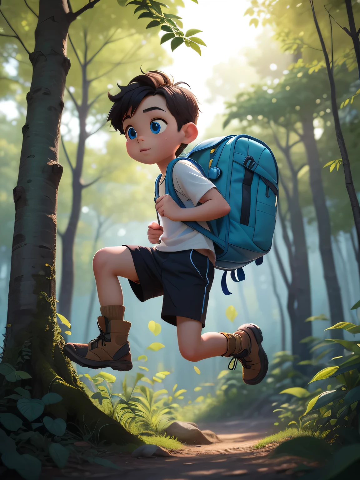 A small boy jumping in a forest, carrying a small blue backpack, wearing a shirt, black shorts, blue hiking boots, detailed face, beautiful eyes, adventurous expression, lush green foliage, sunlight filtering through the trees, warm color palette, cinematic lighting, photorealistic, 8k, best quality, masterpiece