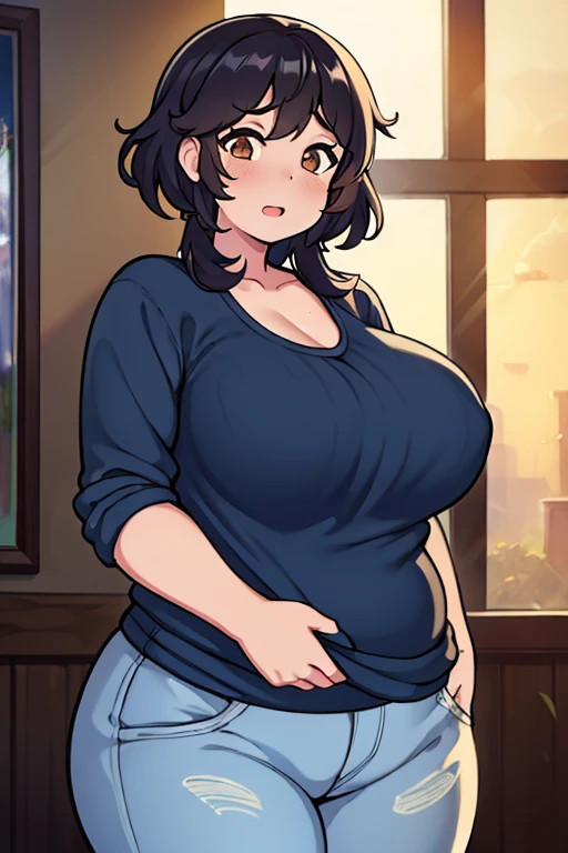a chubby girl, overweight, 220 pounds, happiness, positive expression, messy hair, casual clothes, indoors, natural lighting, realistic, photorealistic, photo-realistic:1.37, best quality,8k,extremely detailed,vivid colors,dramatic lighting,warm color palette,oil painting style