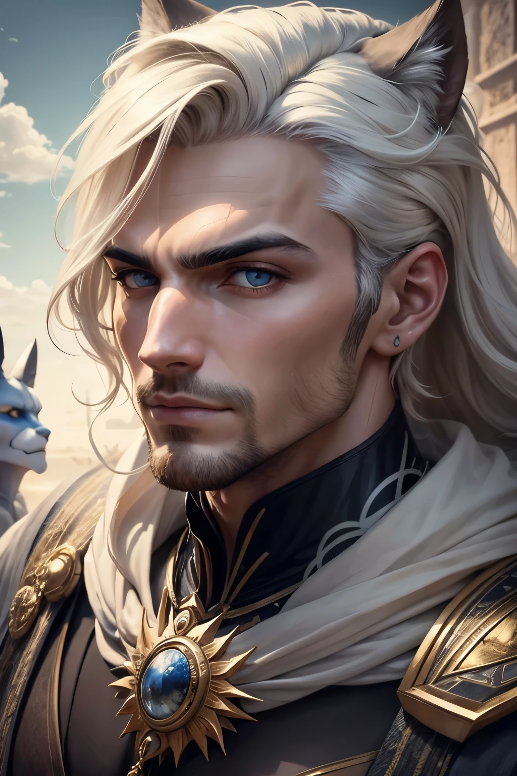 Homem, with a neutral feature ,rosto perfeito, Corpo Perfeito, olhos cor das nuvens , cabelos brancos, Deus triplico , Having its three shapes in the picture, Pai das sereias e dos lobos .