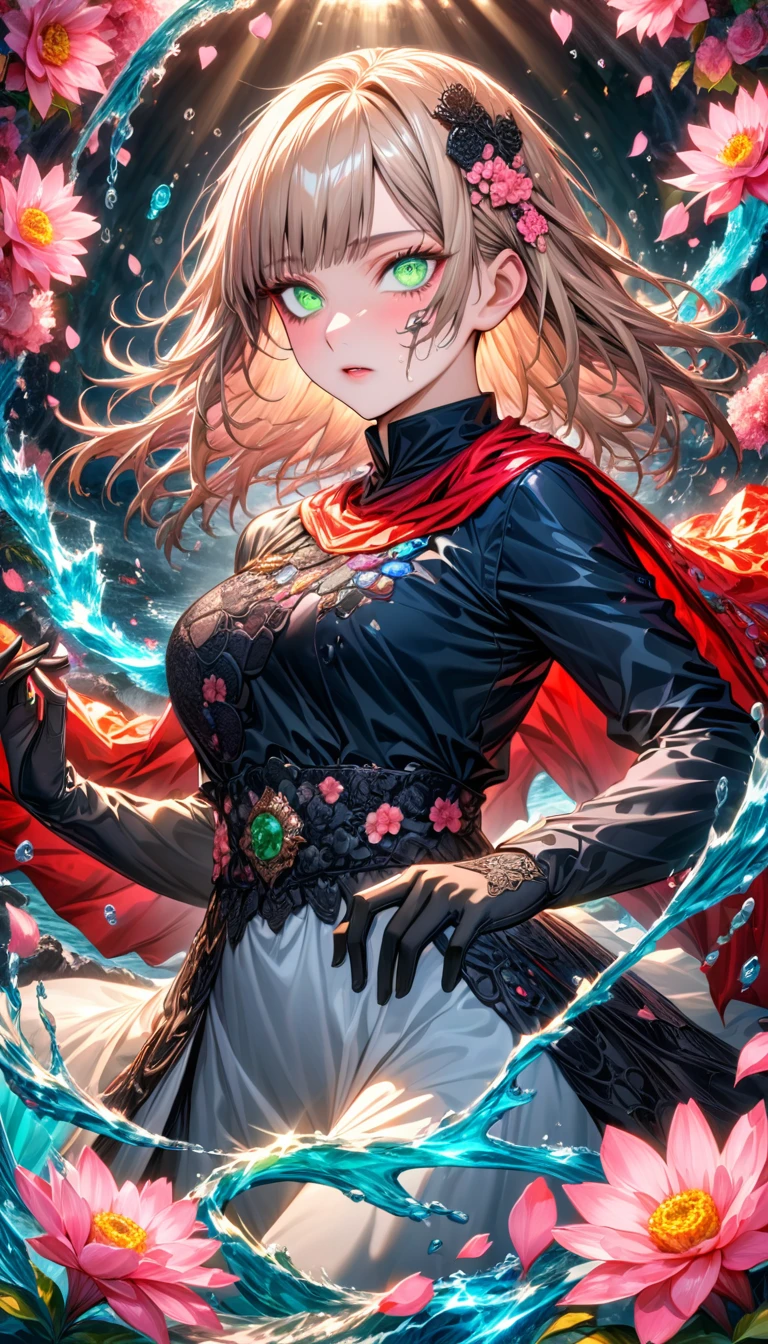 Ultra detailed, Highres, absurdres, HDR, master piece, Aida, ash blond hair with bangs, expressive green eyes, extremely beautiful, Jujutsu Kaisen, black ribbon on the side of her hair, woman, solo, extremely detailed eyes and face, white long dress with black patterns, water, pink petals, glittering, black gloves, pink flowers, red cape, magic, fantasy,