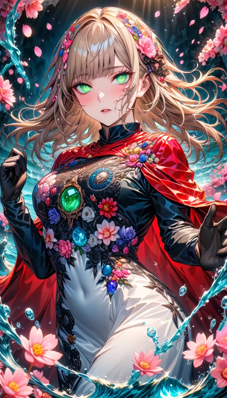 Ultra detailed, Highres, absurdres, HDR, master piece, Aida, ash blond hair with bangs, expressive green eyes, extremely beautiful, Jujutsu Kaisen, black ribbon on the side of her hair, woman, solo, extremely detailed eyes and face, white long dress with black patterns, water, pink petals, glittering, black gloves, pink flowers, red cape, magic, fantasy,