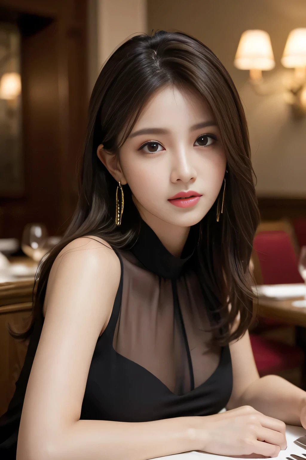 masterpiece, highest quality, Realistic, Very detailed, Finer details, High resolution, 8k wallpaper, One beautiful woman, Wear an elegant black see-through blouse, In a great restaurant, At night, Light brown messy hair, Perfect dynamic composition, Beautiful and beautiful eyes、Big earrings、Sleeveless shirt、