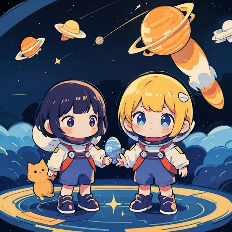 Cartoon illustration of a boy and a girl in space with cat, Official Fan Art, in space, kitten in outer space, in outer space, in deep space, In the Galaxy, deep space exploration!!!, space travel, Wearing the Stars and Planets, outer space, outer space, starry sky in space, in space, Official Art, space, on a spaceship, colorful, cute, More detailed, Light, More realistic, comics