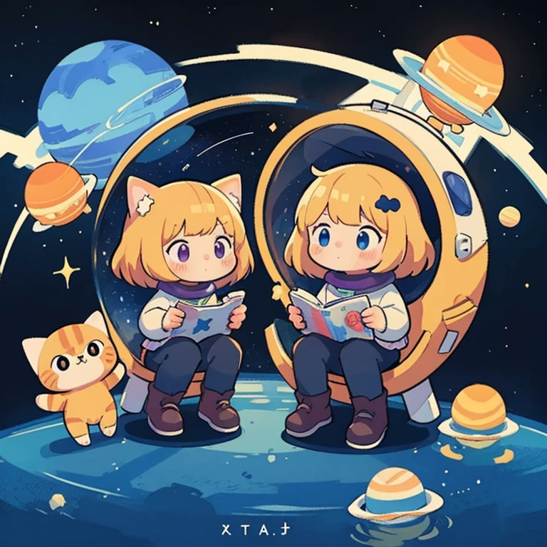 Cartoon illustration of a boy and a girl in space with cat, Official Fan Art, in space, kitten in outer space, in outer space, in deep space, In the Galaxy, deep space exploration!!!, space travel, Wearing the Stars and Planets, outer space, outer space, starry sky in space, in space, Official Art, space, on a spaceship, colorful, cute, More detailed, Light, More realistic, comics