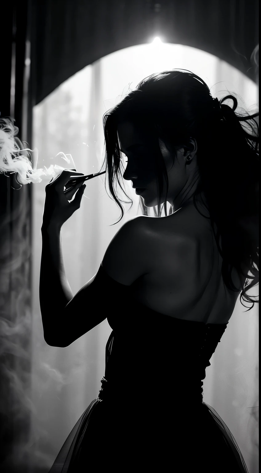 (chalkdust:1.2) Realistic photograph of a woman, face obscured by a curtain of smoke forming her hair, low key light, silhouette, dark background, (smoke tendrils:1.3) curling and twisting in slow, (dancing:1.2) motions, (stark contrast:1.1) between the woman's form and the darkness, (monochrome:1.2) (high contrast:1.1) (fine detail:1.3) (high resolution:1.2), Tyndall effect