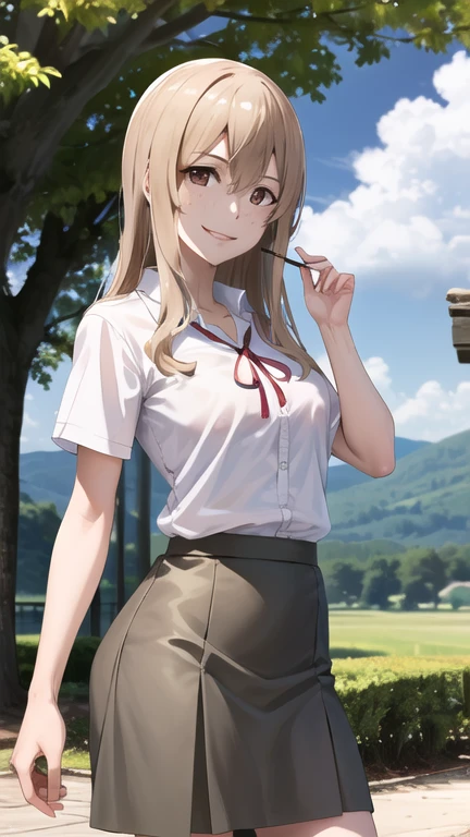 masterpiece, best quality, highres, aoki1, brown eyes, freckles, skirt, white shirt, ribbon, cowboy shot, smile, outdoors