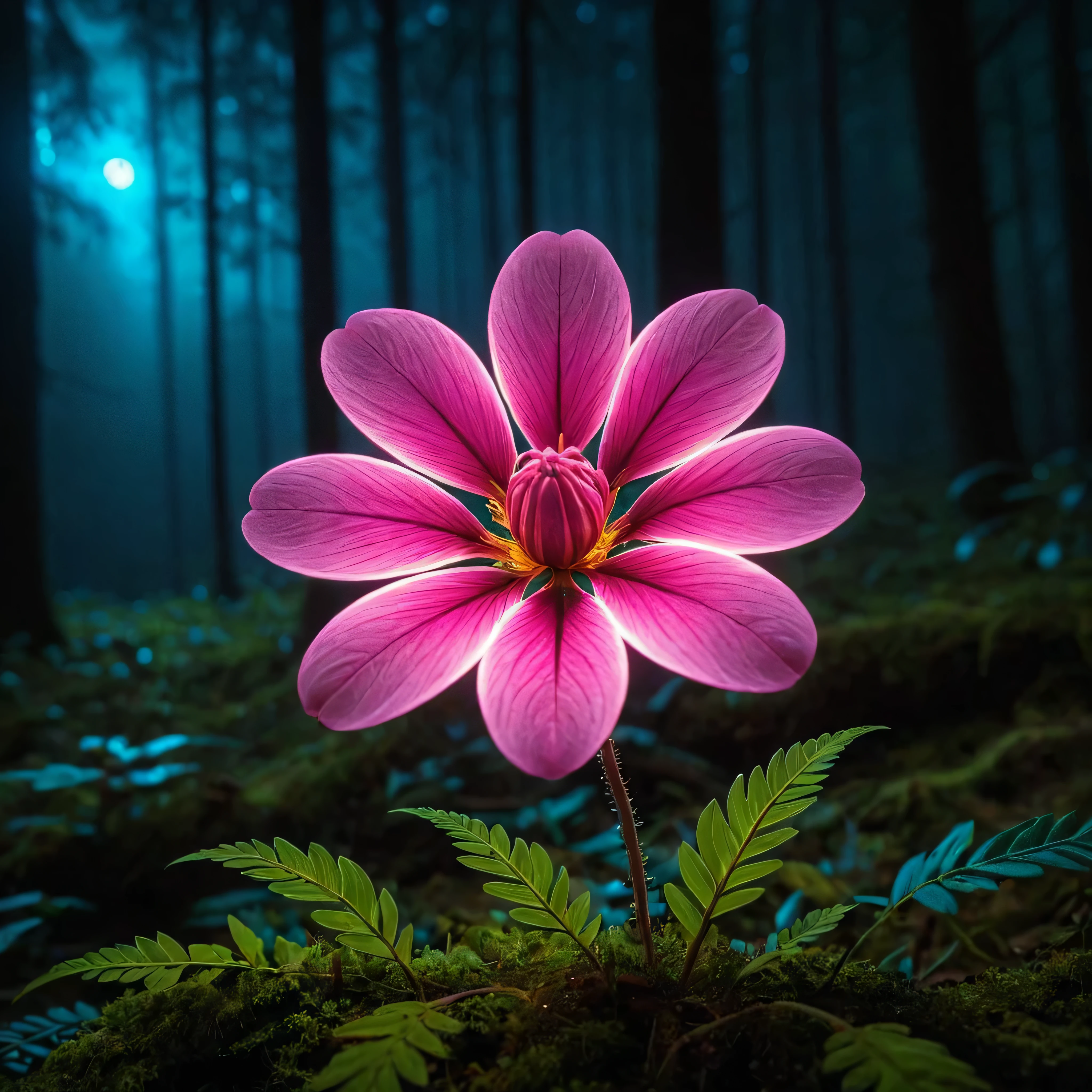 bioluminescent pink flower,fabulous night forest,magical radiance,Concept art,depth of field,Raw photo,realistic,cinematic lighting,soft shadows,sharp focus,fractal,colorful,depth of field,best quality,16k resolution,vivid colors,volumetric lighting,