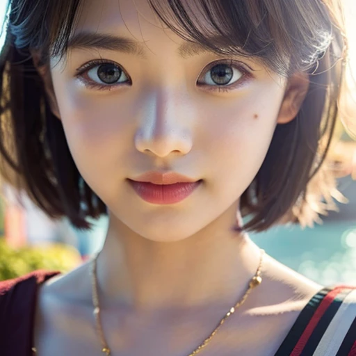 Tiny girl wearing red tube-top dress, Stroll along evening Beach, (Acutance:0.85), Masterpiece of 8K Ultra-detailed, (VolumetricLighting), SmoothShading, (RAW photorealistic:1.37), (Close-up:1.4), (Gazing at the sunseting colorful sky) (Dazzling bokeh:1.28), { (Golden ray illuminating face) | (Vivid Photon Particles) | (Gust of wind) } . (((Extremely detailed a face variation of NOGIZAKA girls))), perfect anatomy, Childish, captivating gaze, elaborate detailed Eyes with (sparkling highlights:1.28), long eyelashes、Glossy RED Lips with beautiful details, Coquettish tongue, Rosy cheeks, (Detailed Flawless Skin, Radiant PearlSkin with clear transparency) , Shiny SilkyHair, Random Monotone HairColor. { (Dynamic joyful expressions) | (:d) }, (no Large eyes, no tree).
