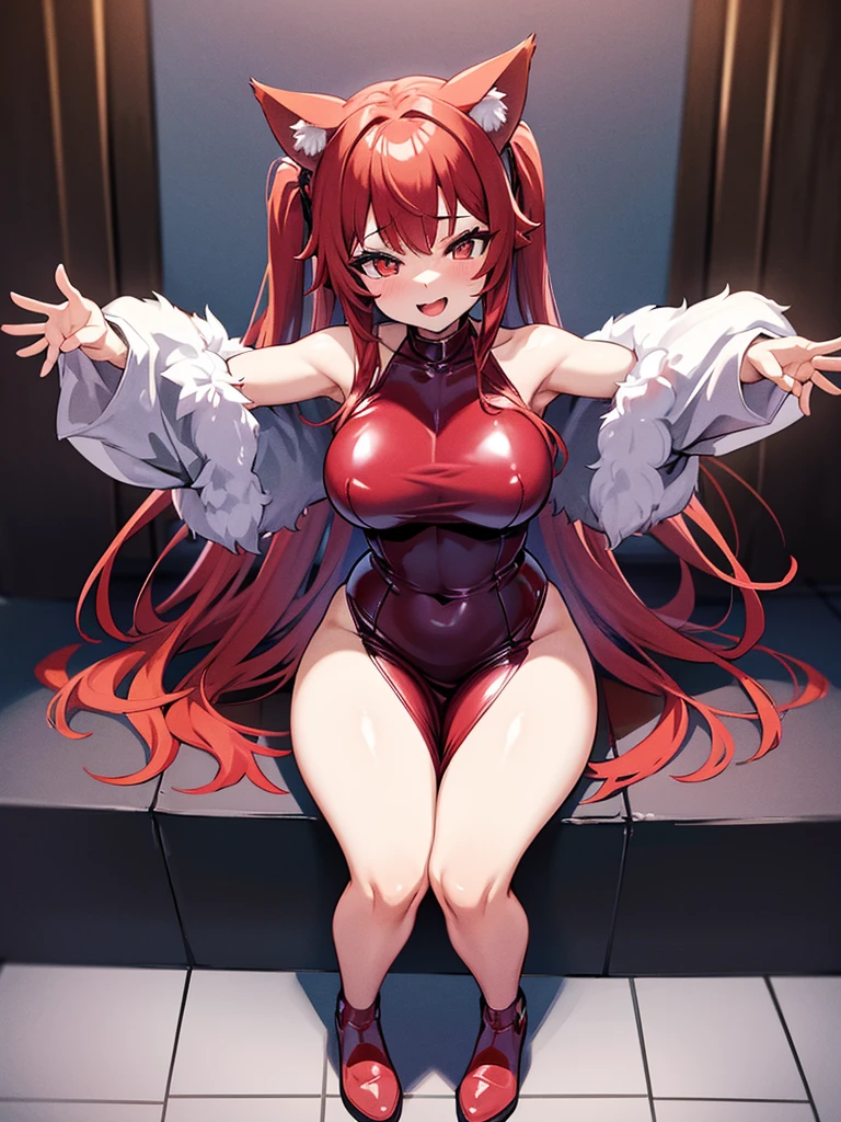 Happy woman, with wolf ears and red hair, holding her cheeks, wolf tail, wearing a latex dress, looking at veiwer, full body, you can see her chest, naked breasts