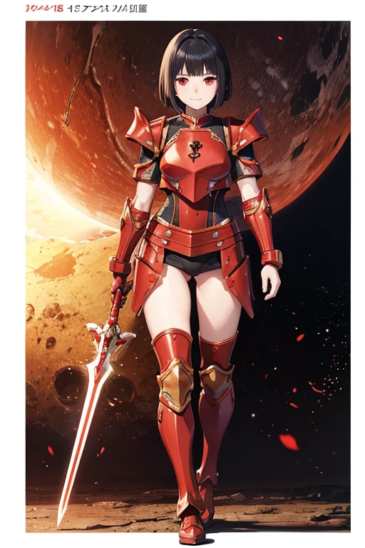 Anime drawings、Full body portrait、Red armored warrior from space science fiction、A female warrior of about 27 years old, about 160cm tall, wearing red armor, walking with a long spear in her right hand.、Smiling with mouth closed、Hairstyle: Short bob、Black Hair、Arm guard、Leggers