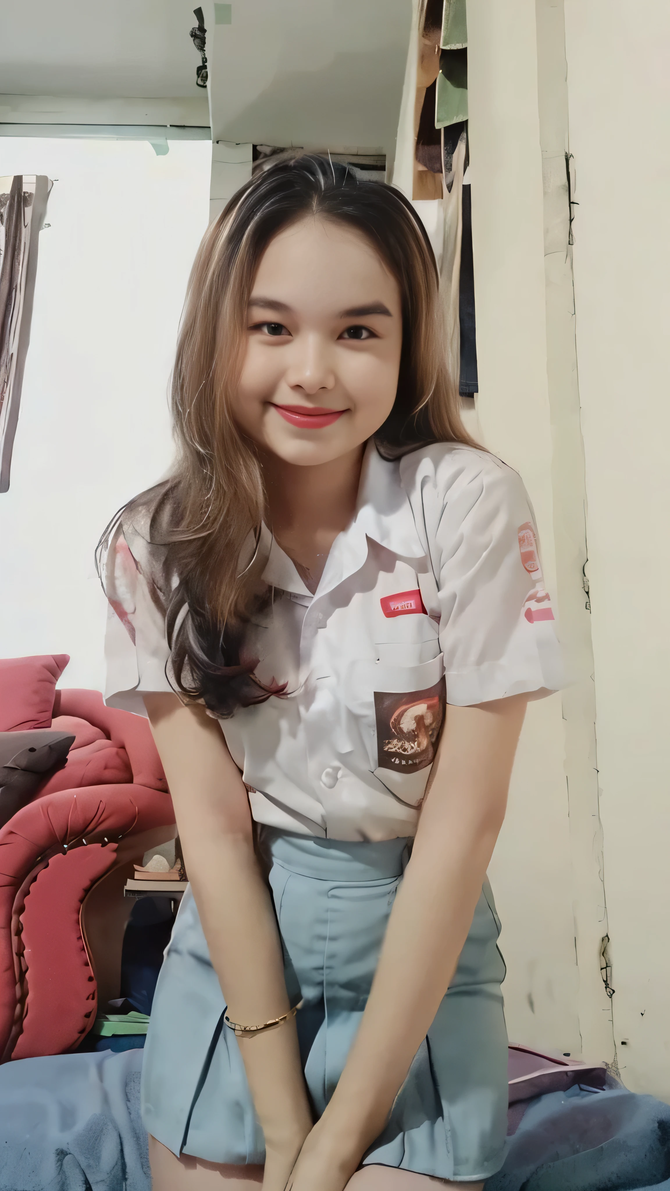 (8k, RAW photo, best quality, mastery:1.3), (realistic, photo-realistic:1.37), (looking viewer:1.331), posing Seductively, living room, soft light, 15 year old girl, short body, beautiful thighs, smaller chest, brunette hair, long hair, smile, white shirt, short sleeves, blue mini skirt