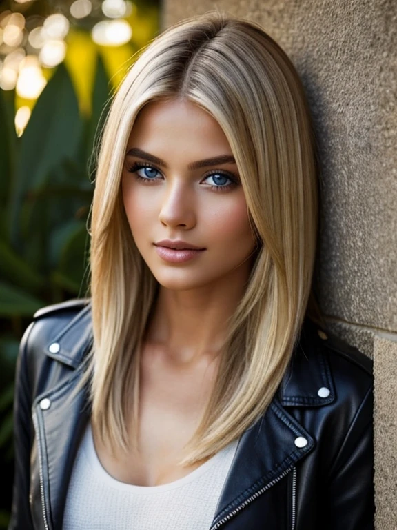 American、blue eyes、blonde straight long hair、whole body、Charm、In a pair of jeans and a leather jacket, well dressed、Glamour、high resolution、backwards、pose、big 、face is front , Uma imagem cativante de uma mulher branca radiante com longos, cabelos loiros ondulados caindo em cascata pelos ombros e olhos que brilham com calor. Your physique is toned and fit, exuding an aura of health and vitality. The scene is lit with soft, warm tones in high definition, estilo ultra-realista. The intricate details of her skin texture are highlighted in a close-up, dando ao retrato um aspecto hiperdetalhado, cinematic feel that truly brings your beauty to life. Despite the absence of a specific prompt, the image conveys an air of elegance and timeless charm