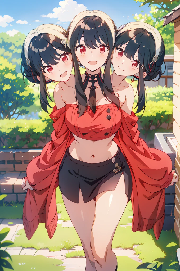 3heads, best quality, masterpiece
3 girls, black hair, identical hair color, red eyes, same eye color, smiling, necks side by side, three necks on shoulders, running, crop top, miniskirt, outdoors
((three heads, 3head):1.5)