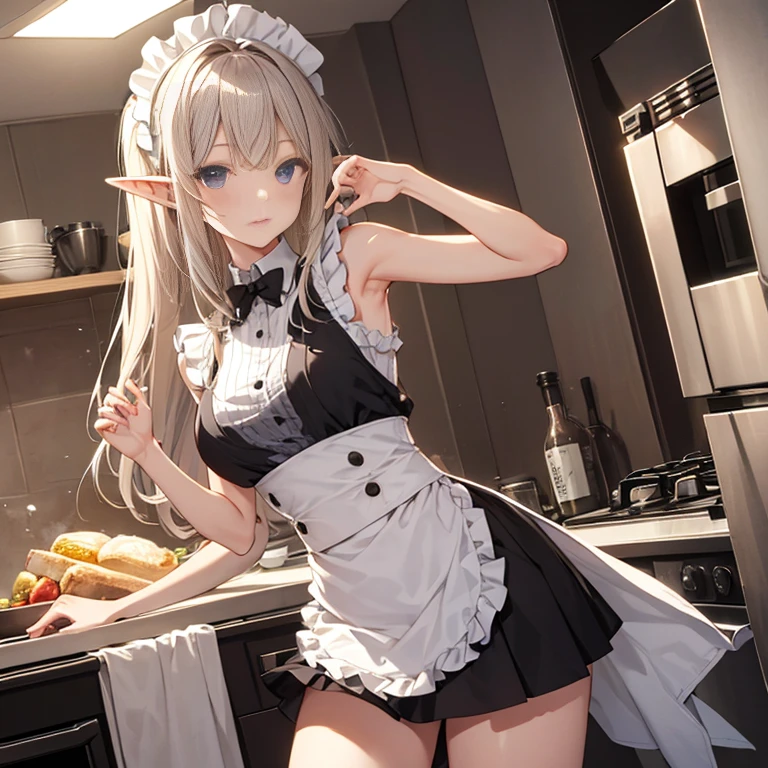 A maids, (in kitchen), various hair styles, night, details face, short skirt, seducing, sleeveless, maid uniform, armpits, elf