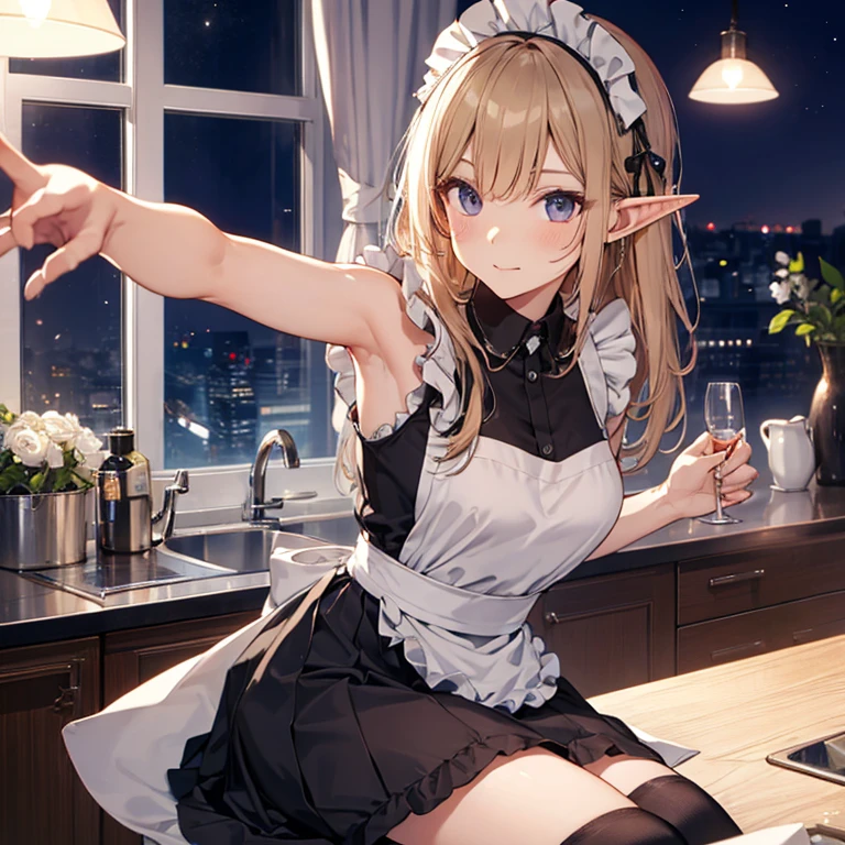 A maid, (in kitchen), various hair styles, night, details face, short skirt, seducing, sleeveless, maid uniform, armpits, elf