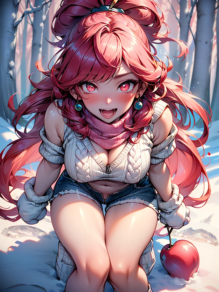 explorer girl,1girl,((extremely cute and beautiful red haired explorer girl)),(((18 years old))),(large breasts:1.4),((((red hair:1.35,absurdly long unkempt hair,ponytail red hair,bangs,colored inner hair,ear breathing)))),(((red_eyes:1.3))),intricate eyes,beautiful detailed eyes,symmetrical eyes,((((lustrous skin:1.5,tanned skin,bright skin:1.5,skin tanned,shiny skin,very shiny skin,shiny body)))),(spider lower abdomen,narrow waist,wide hip,athletic body,inflated legs,thick thighs,detailed body,(detailed face)),((heart pupils:1.5,heart:1.3,hearts:1.3,heart marks:1.3)),(ahegao face:1.5),
cute,slutty,seductive,erotic,(nsfw),
((large white socks:1.5,socks texture must be natural)),((deep V sweater:1.5)),((no bottoms)),((white mittens:1.5,white scarf:1.5),((navel)),((shorts,short shorts,denim shorts)),(((unzipped, open fly))),
(dynamic pose:1.0),embarrassed,(centered,scale to fit dimensions,Rule of thirds),
((snowy pink cherry forest:1.5,pink theme forest:1.5)),winter,scenery:1.25,((intricate scenery)),((snow forest background)),Christmas tree,
(Glossy winter ornaments),highres,sharp focus,(ultra detailed,extremely detailed),(photorealistic artwork:1.37),(extremely detailed CG unity 8k wallpaper),(((vibrant colors,vibrant theme))),(intricate),(masterpiece),(best quality),