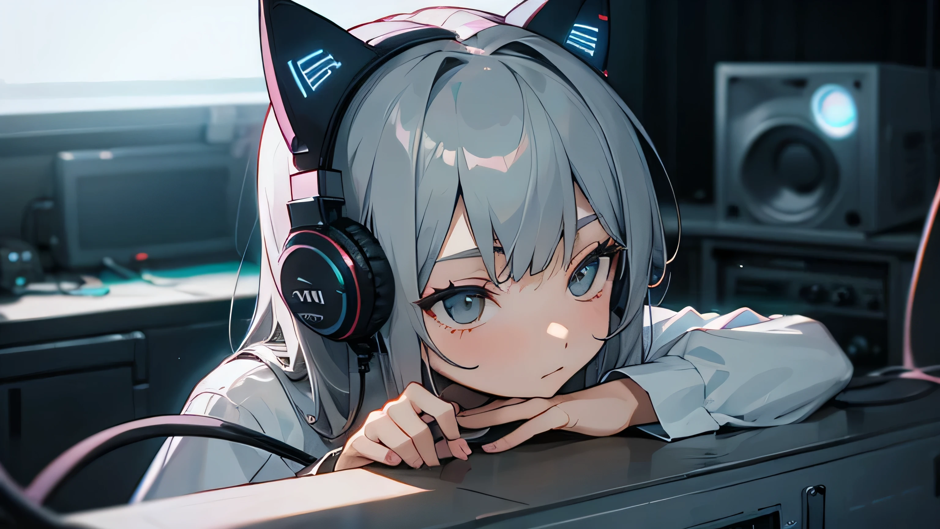 Room with speakers、Cat with headphones、Upper body close-up、night、Gray Hair