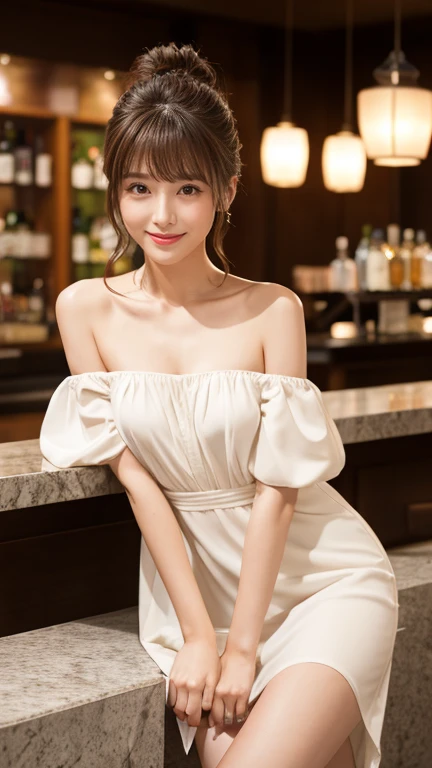 highest quality、8k wallpaper、Reality:1.4、Photographed by a professional photographer、Cinema Lighting、View your viewers、background:Gorgeous bar lounge at night、1 beautiful girl、Japanese Idol、30 years old、Beautifully detailed eyes、Detailed face、Beautiful Skin、Slender、Slim waist、Thin legs、Red lipstick、Bun Hair:1.8、Random hair color、Light Hair、The light is shining on her hair、Asymmetrical bangs、Off-the-shoulder dress、I can see your chest 、smile:1.4、Seductive pose