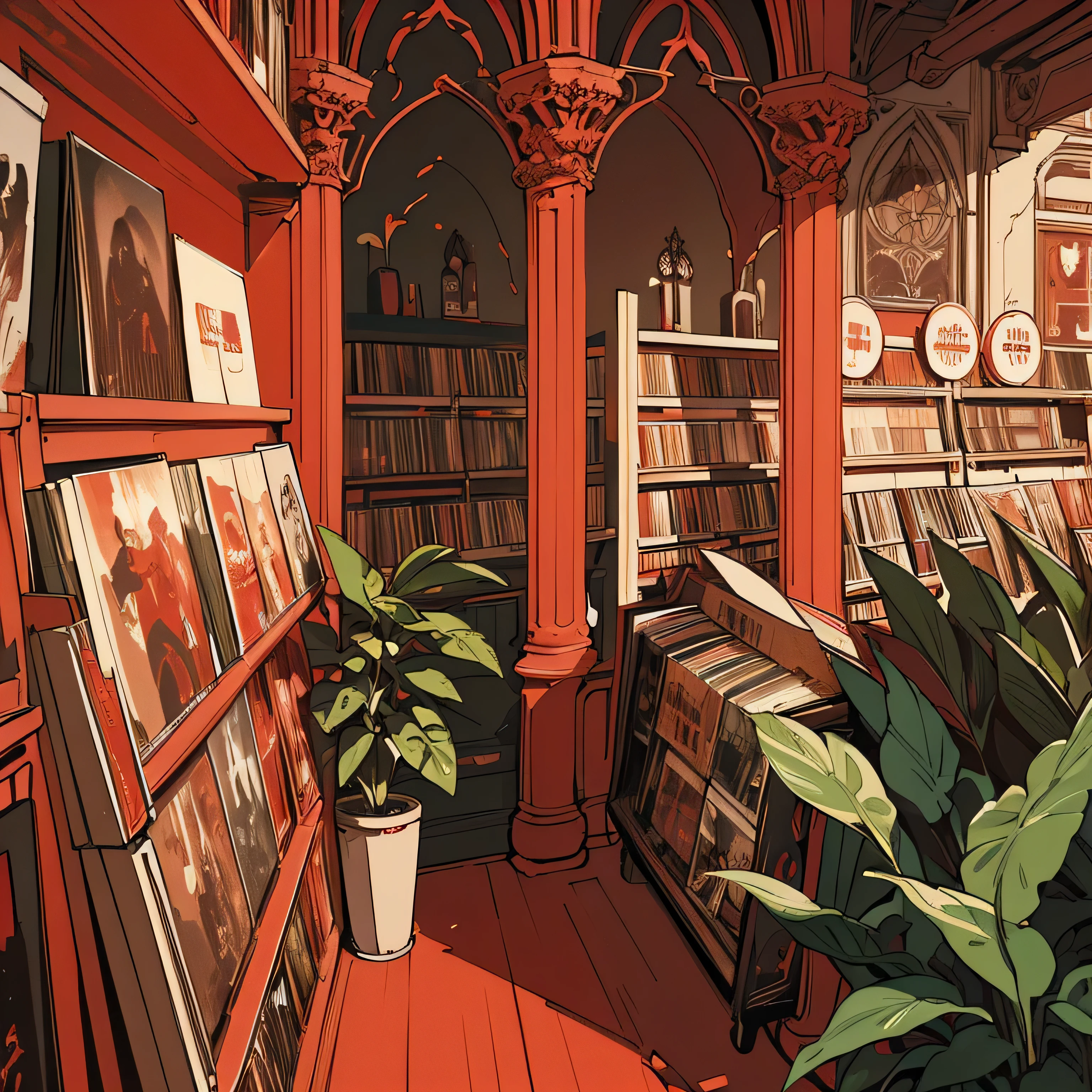 extreme quality, masterpiece, unity 8k wallpaper, depth of field, ultra detailed,high-resolution, (((unattended))), space, movie poster, (((record store))), nostalgia, panorama, long shot, (((records on the shelves.))), (((Various angles))),Future Interior,(((Plants))), (((Gothic interior decoration))), Rusty interior,(((red color)))