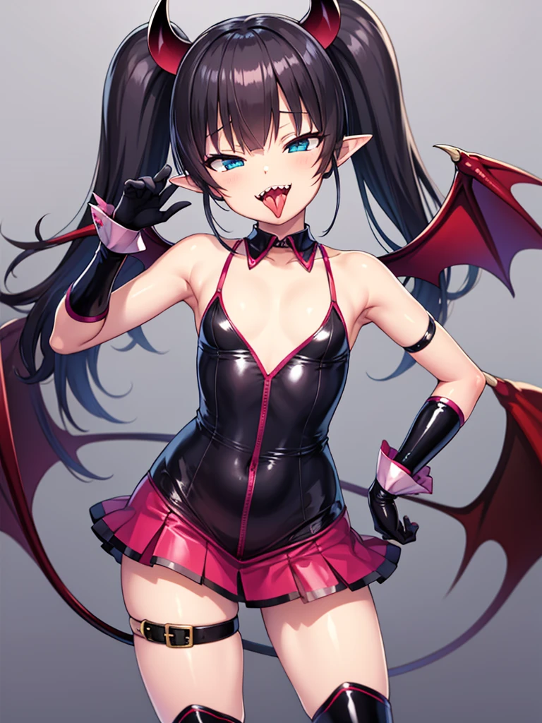 tachi-e, game cg, Highly detailed and realistic CG, Colorful, Masterpiece, Best Quality, jewel-like eyes, 1girl, solo, black hair, shiny hair, long straight hair, very long twintails, slender, skinny legs, succubus girl,succubus luxury dress, mini skirt, succubus boots, aqua blue eyes, flat chest, black elbow gloves, latex, smirk, smile, jitome, half-closed eyes, tsurime, simple background, from pov, best quality eyes, sharp teeth, tsundere, standing, contrapposto, hand on hip, (shiny skin:1.0), succubus wings, succubus tail, mesugaki, teasing, smug, cute girl, , open mouth, fangs, tongue out, pointy ears, pink heart tattoo, (Sharp Focus:1.2), Thin arms, Thin legs, outline, Evil Female Executive Succubus,