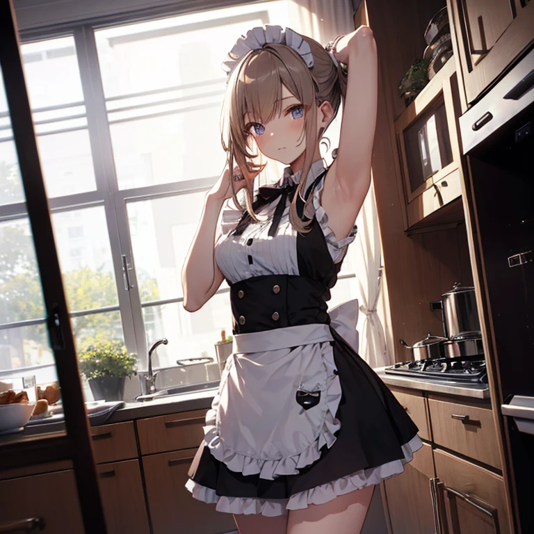 A maids, (in kitchen), various hair styles, night, details face, short skirt, seducing, sleeveless, maid uniform, armpits