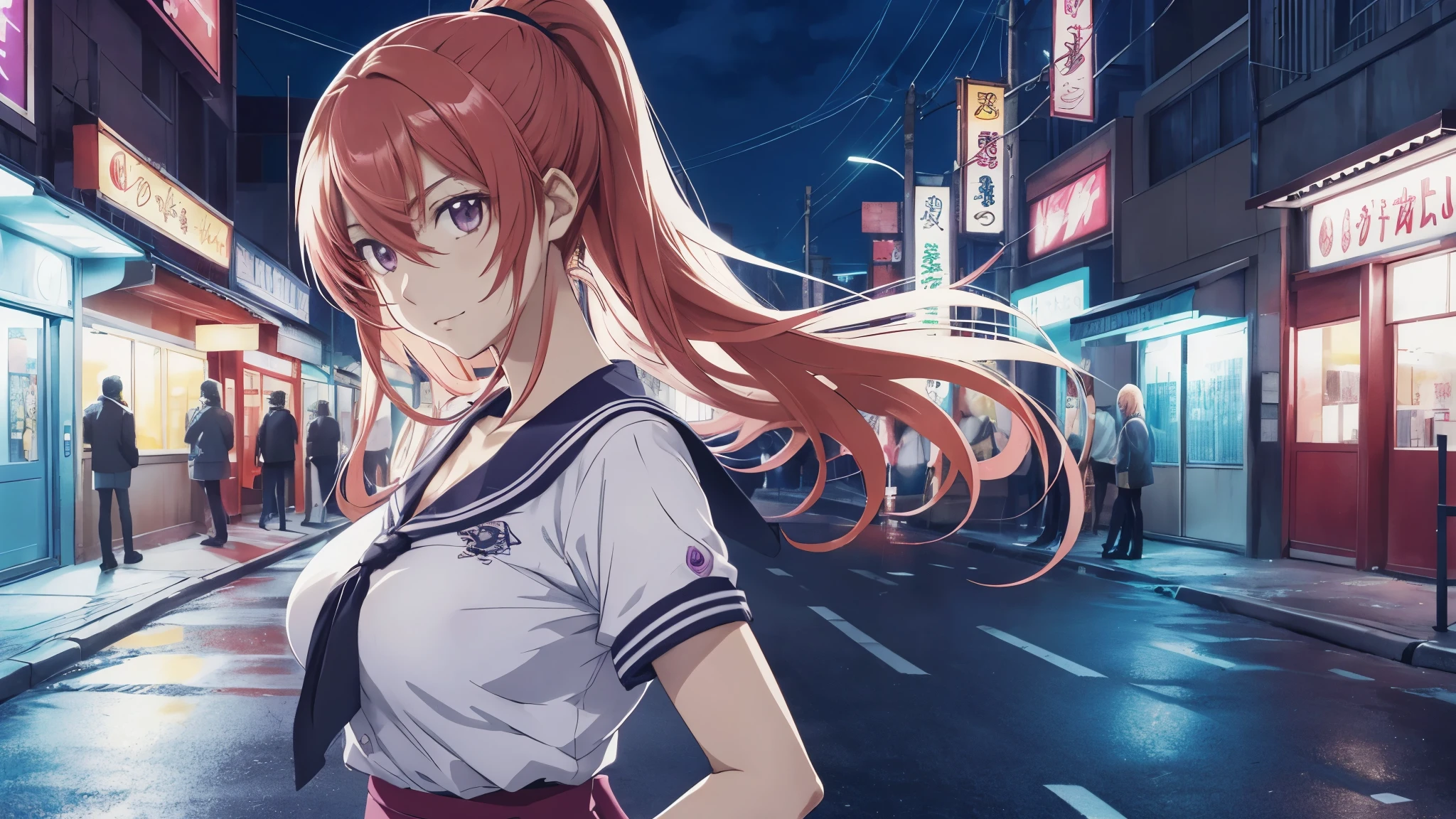 Desenhe uma colegial comum de anime em uma cidade noturna. She is wearing heavy makeup . She is near an alley in a dark retrowave neon city, angulos diferenciados, estilo anime, encostada na parede, segurando celular, com mochila nas costas, cabelo curto, maquiagem forte, Closed scenario, pouco amplo, detalhado, High definition, fundo detalhado, evangelion, taiho shichauzo, konosuba, sakura, sailor moon, nami, epic, efeitos especiais, rev animated, unreal foto cute anime grirl, cute, aproximada, inteiro, desenho, mango, night , retrowave scene, anime, 16x9, city night, estudantes, fliperamas, com pouca roupa, Photogenic, exibicionista, 2d, colorido, arcade, uma garota em uma cidade, personagens de anime, anime style, 2d, desenhado, not 3d, unrealistic, garota colegial japonesa, anatomia perfeita, voluptuosa, sexy, linda, beautiful proportions, roupas estravagantes, enormes boobs,
