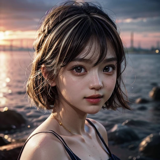 Tiny girl wearing red tube-top dress, Stroll along evening Beach, (Acutance:0.85), Masterpiece of 8K Ultra-detailed, (VolumetricLighting), SmoothShading, (RAW photorealistic:1.37), (Close-up:1.4), (Gazing at the sunseting colorful sky) (Dazzling bokeh:1.28), { (Golden ray illuminating face) | (Vivid Photon Particles) | (Gust of wind) } . (((Extremely detailed a face variation of NOGIZAKA girls))), perfect ???????, Childish, captivating gaze, elaborate detailed Eyes with (sparkling highlights:1.28), long eyelashes、Glossy RED Lips with beautiful details, Coquettish tongue, Rosy cheeks, (Detailed Flawless Skin, Radiant PearlSkin with clear transparency) , Shiny SilkyHair, Random Monotone HairColor. { (Dynamic joyful expressions) | (:d) }, (no Large eyes, no tree).