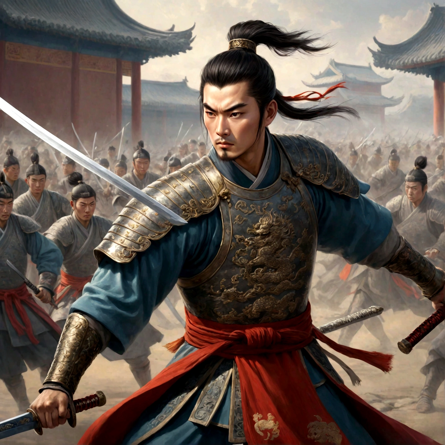 young general in ancient china, Looks like he&#39;s in his early 20s, He is fighting numerous enemies alone with a sword.. 