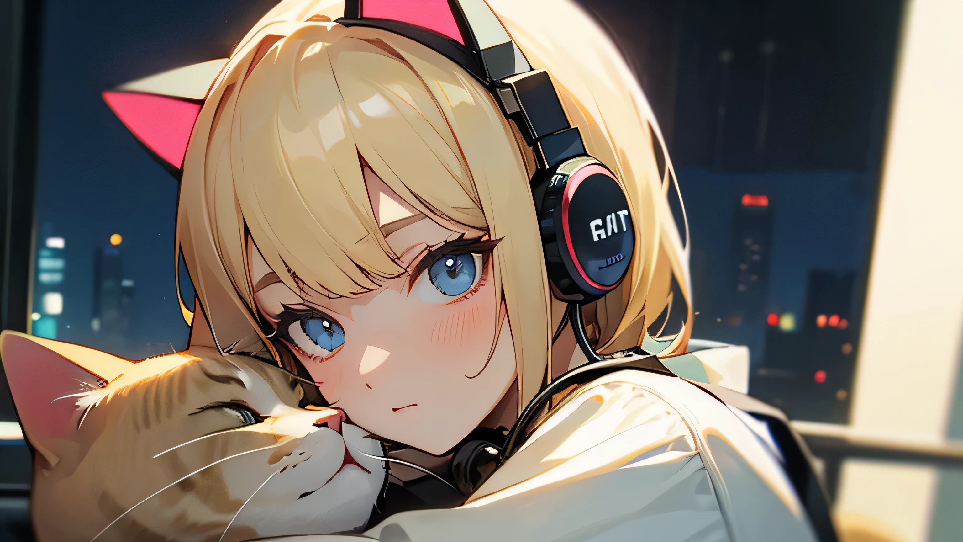 Room with speakers、Cat with headphones、Upper body close-up、night、Blonde